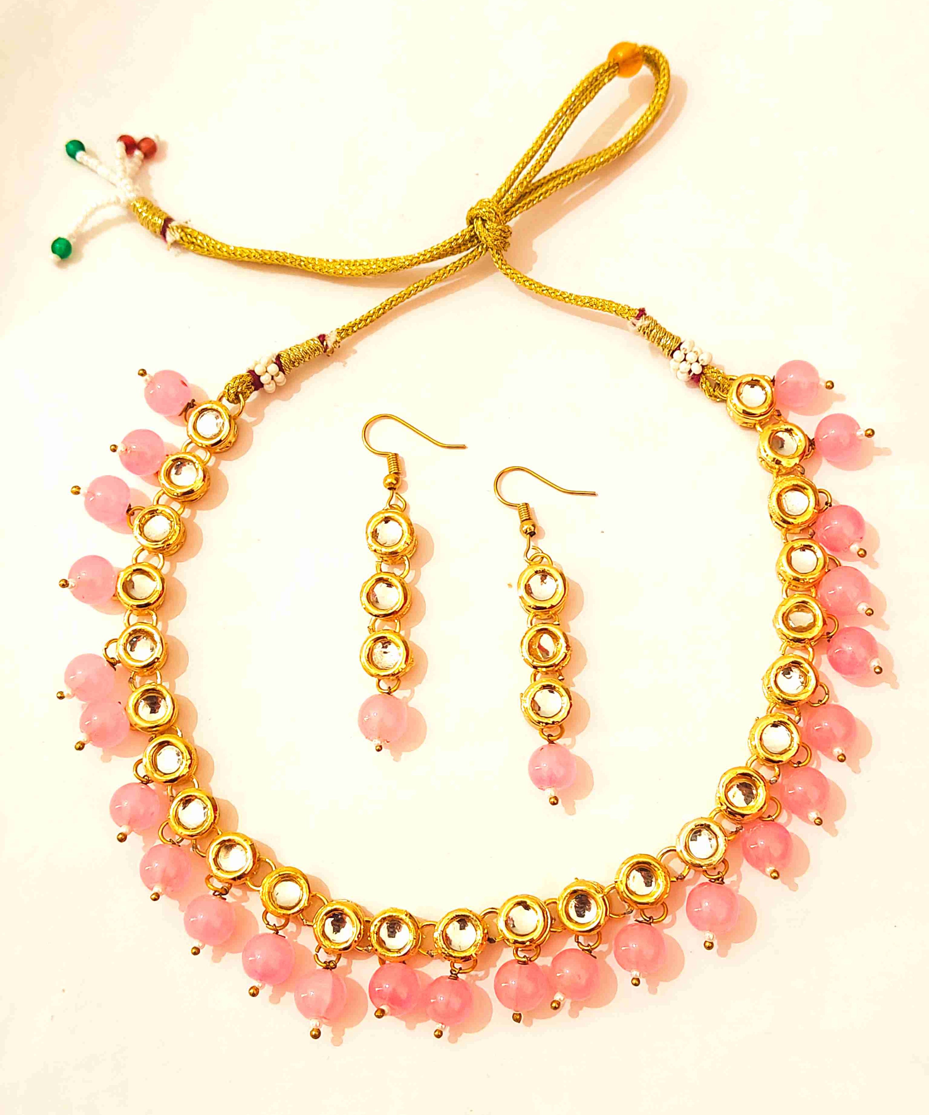 ShailiCraft Gold Plated Stone Studded Choker Necklace Set - Pink