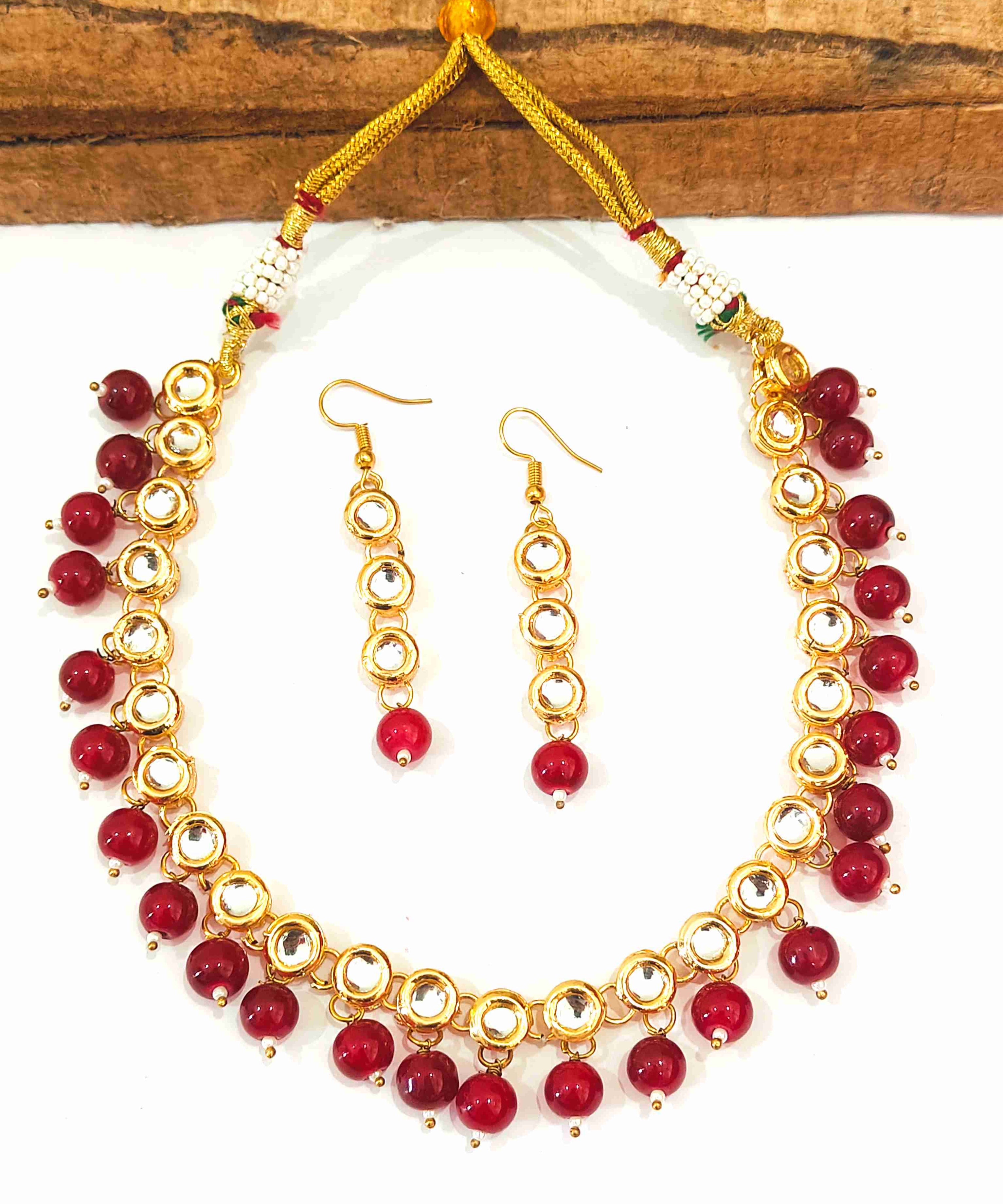 ShailiCraft Gold Plated Stone Studded Red Single Layer Kundan Meenakari Necklace Set