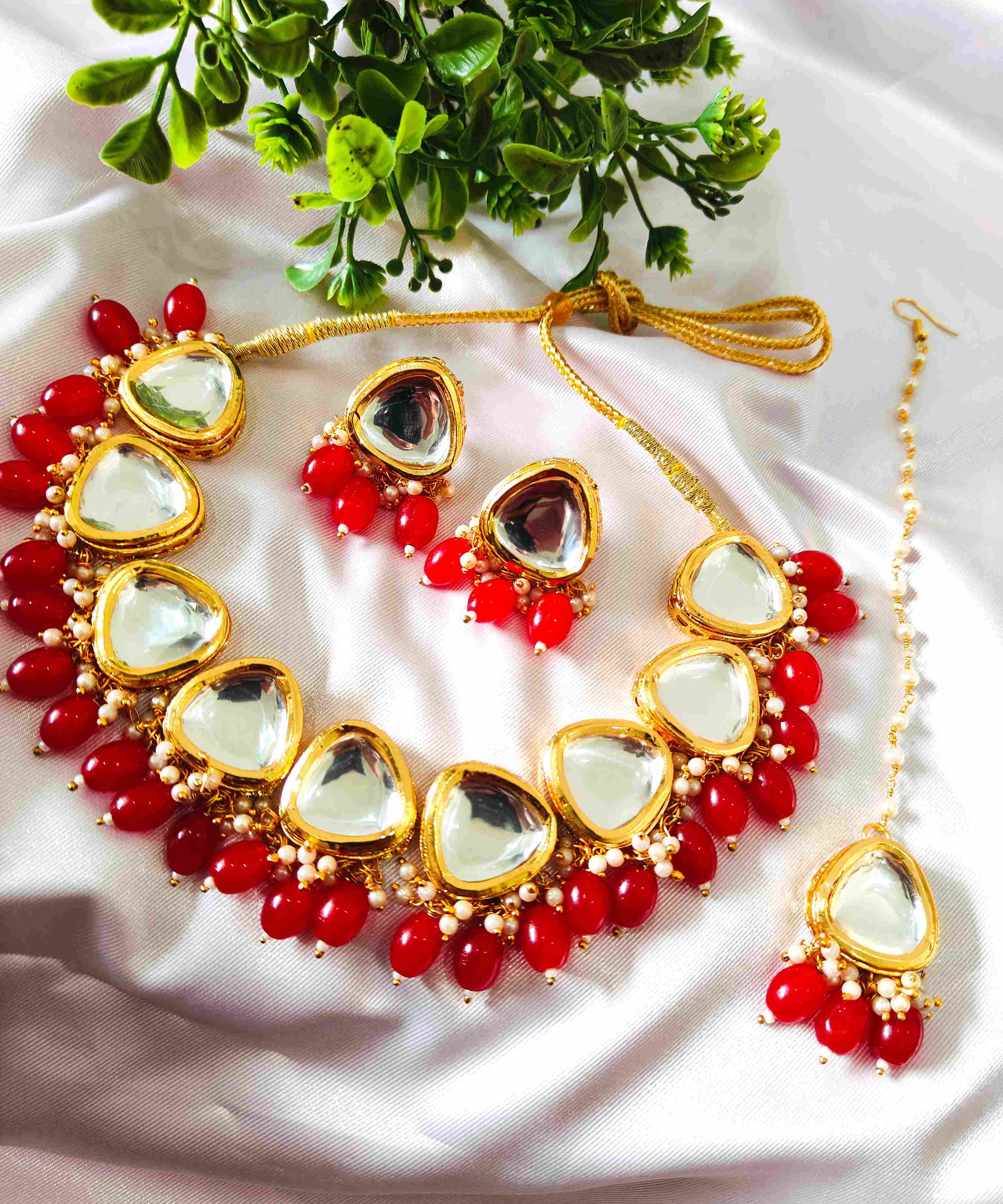 Kundan Red Pearls Meenakari Necklace Set