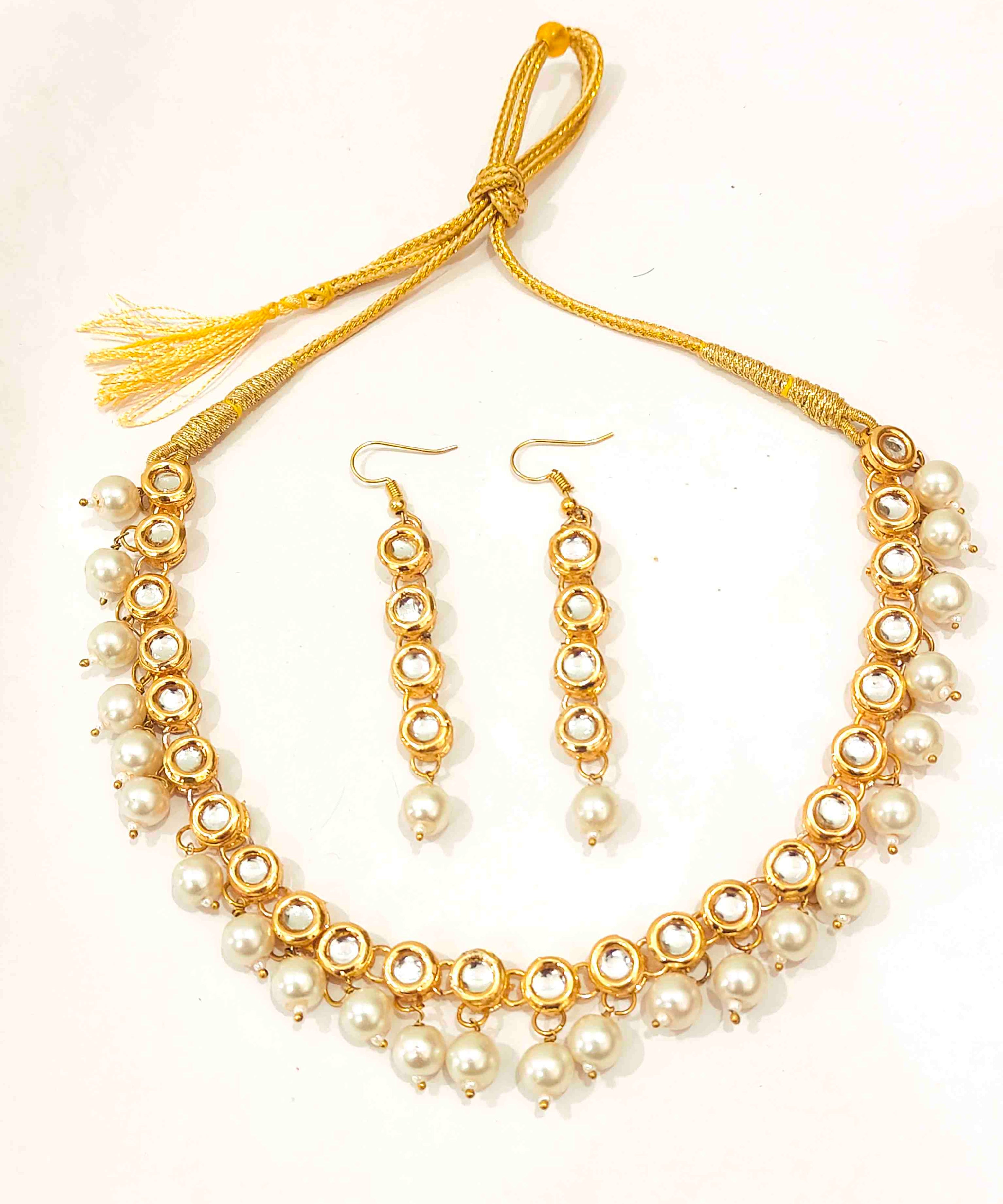 ShailiCraft Gold Plated White Beads Studded Kundan Necklace Set