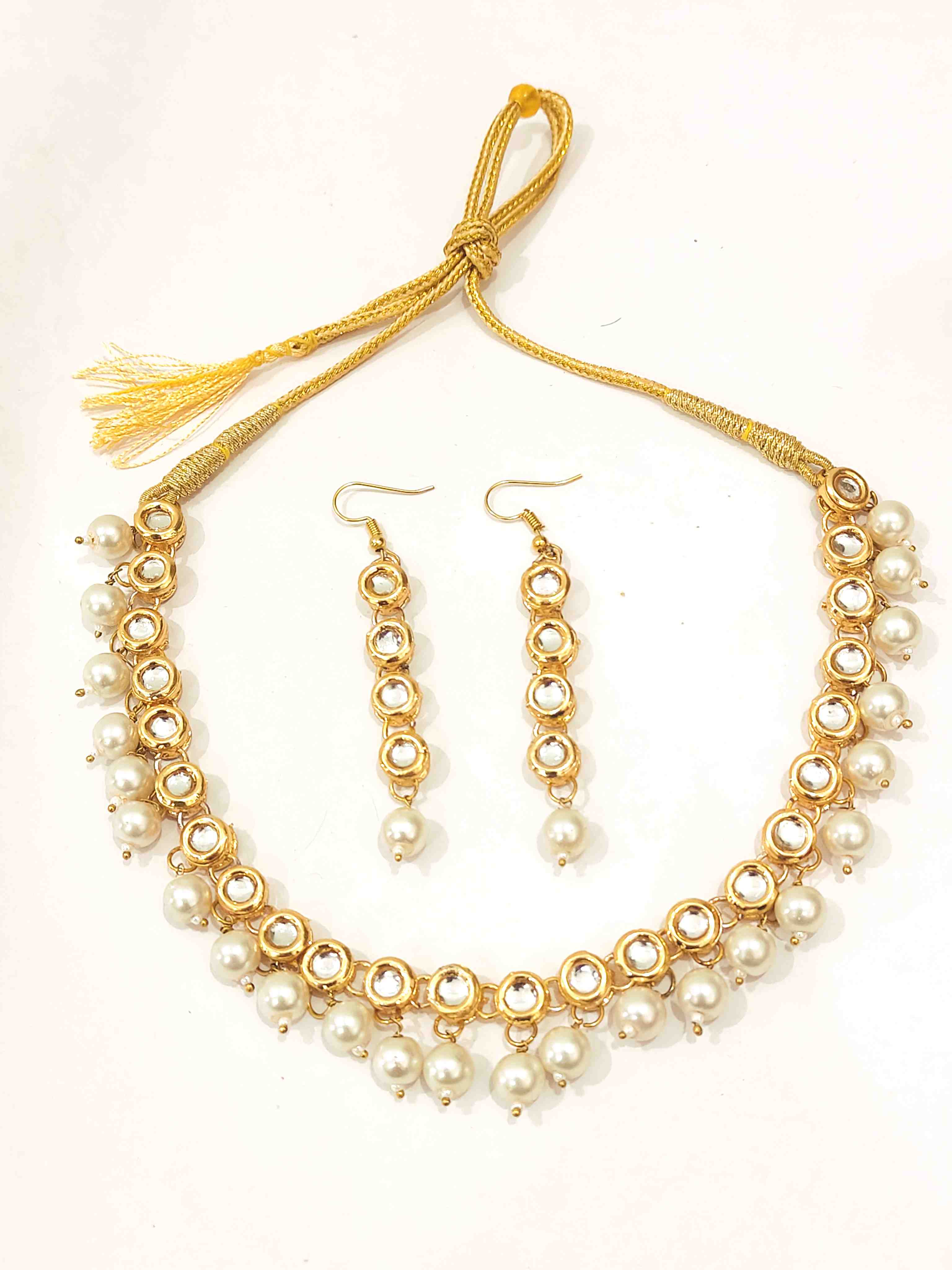 ShailiCraft Gold Plated White Beads Studded Kundan Necklace Set