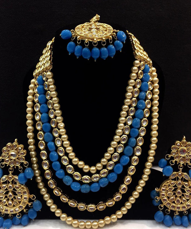 Kundan Long Haar Necklace Set - Aqua