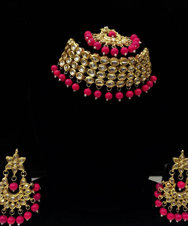 Kundan Necklace Set With Earring & Maang Tikka - Pink