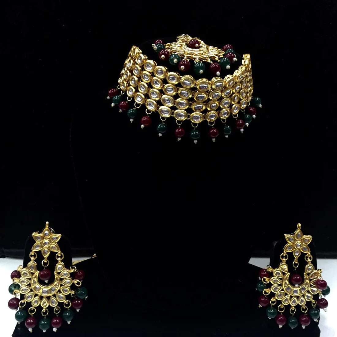 Kundan Necklace Set With Earring & Maang Tikka - Multicolor