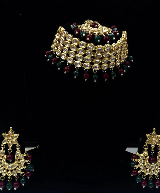 Kundan Necklace Set With Earring & Maang Tikka - Multicolor