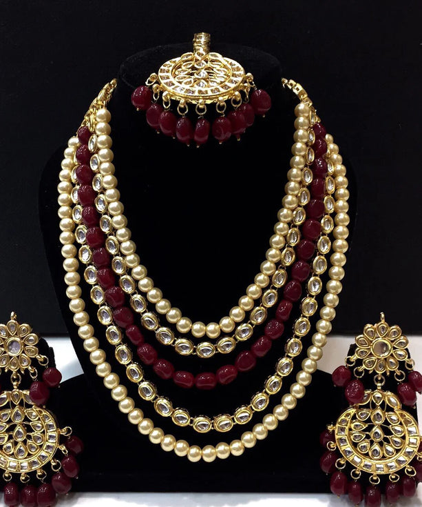 Kundan Long Haar Necklace Set - Red