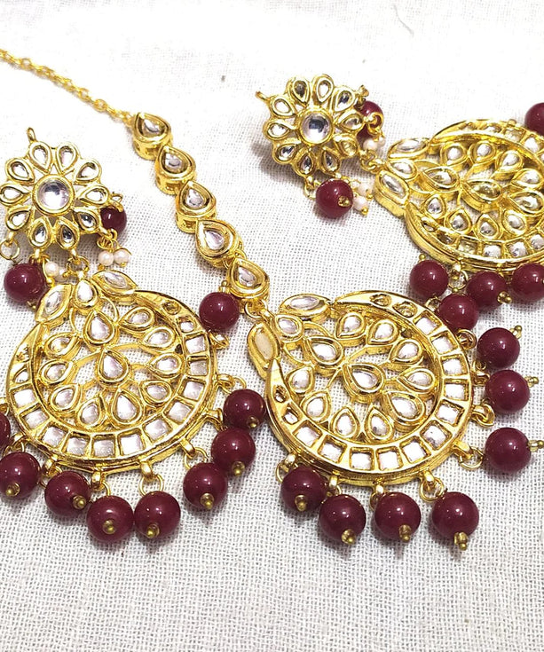 Kundan Bollywood Earrings  With Maroon Pearl Maang Tikka Set