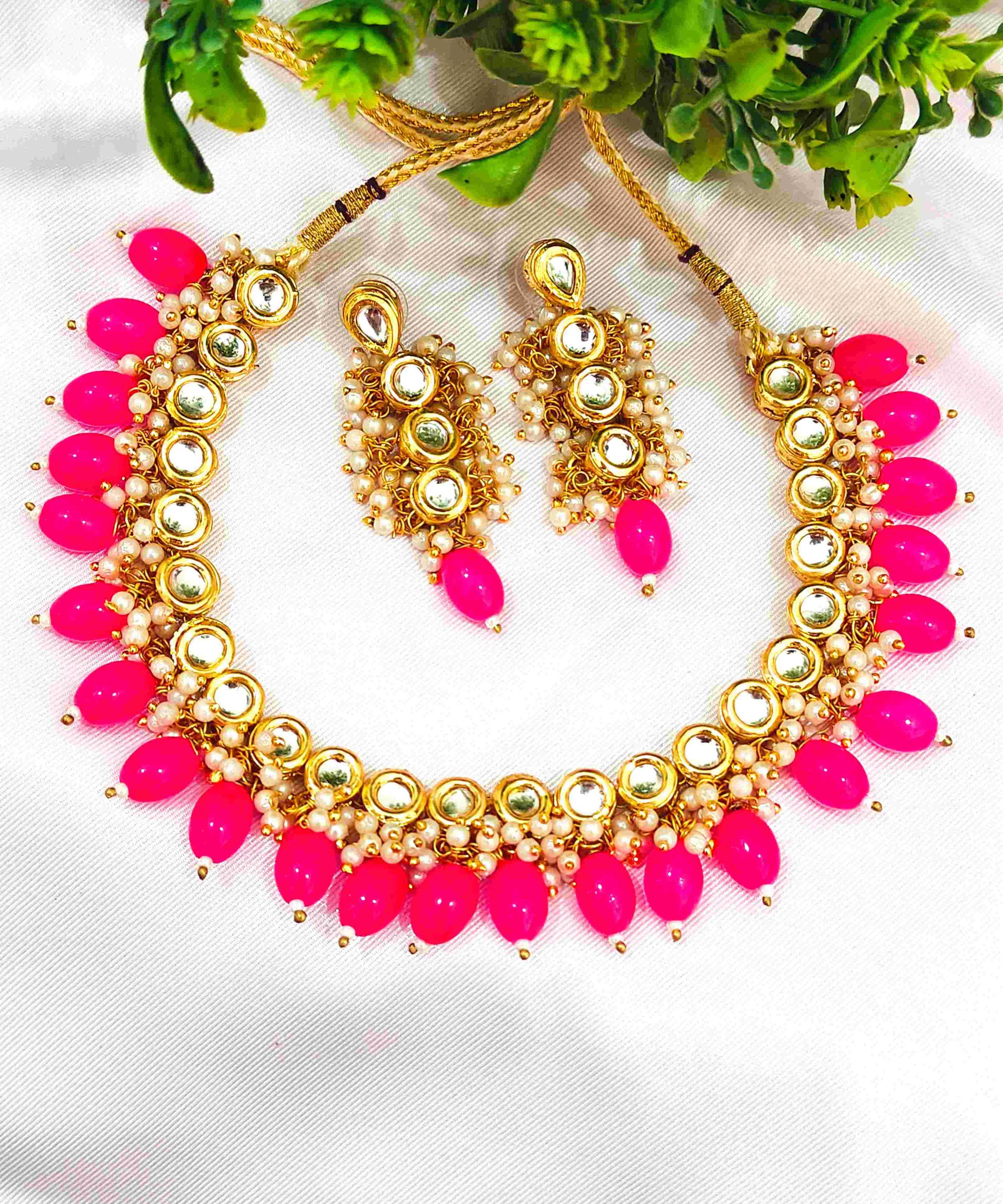 Pink Beaded Kundan Single Layer Necklace Set