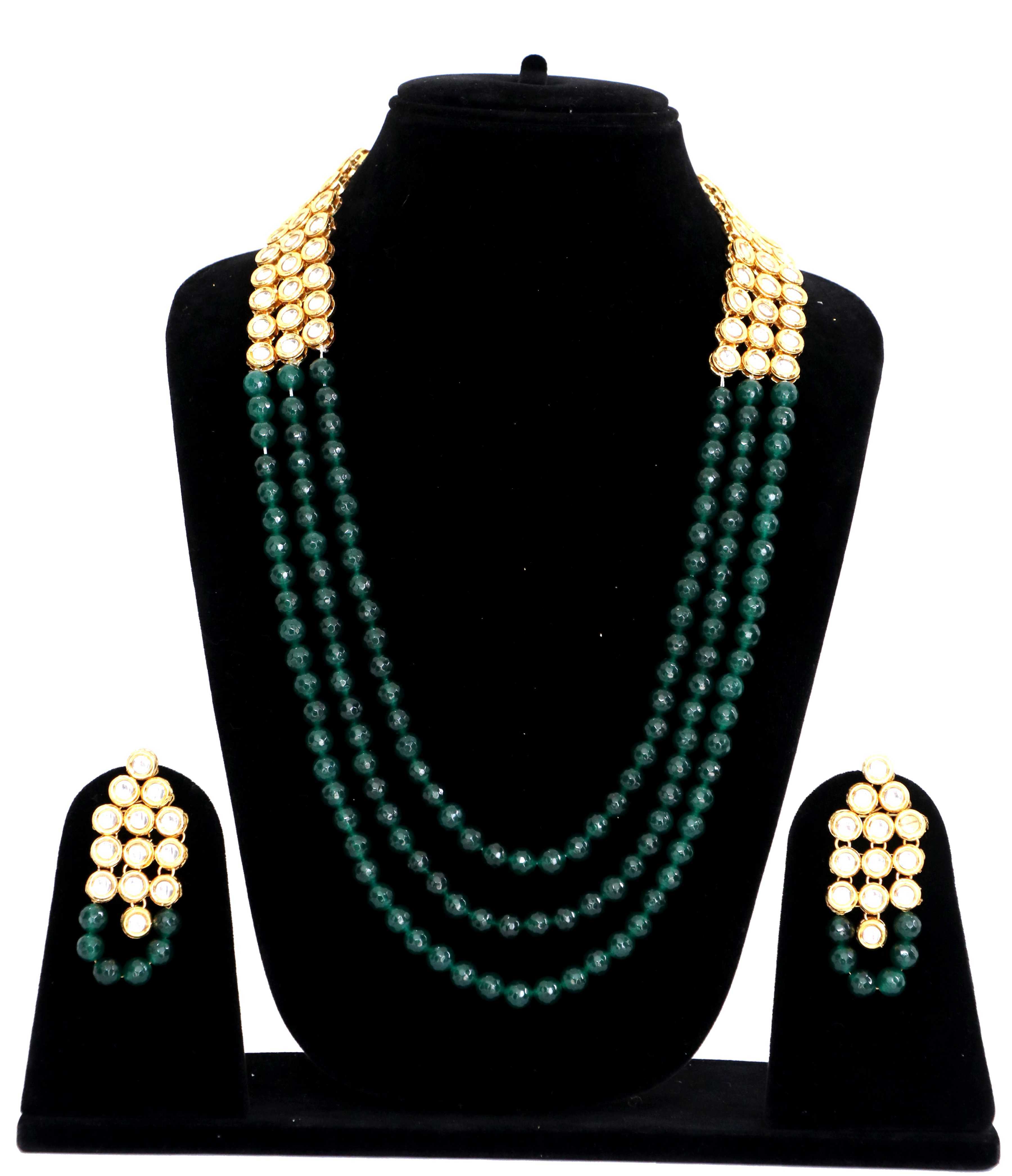 Kundan Long Haar Green Beeds Necklace Set