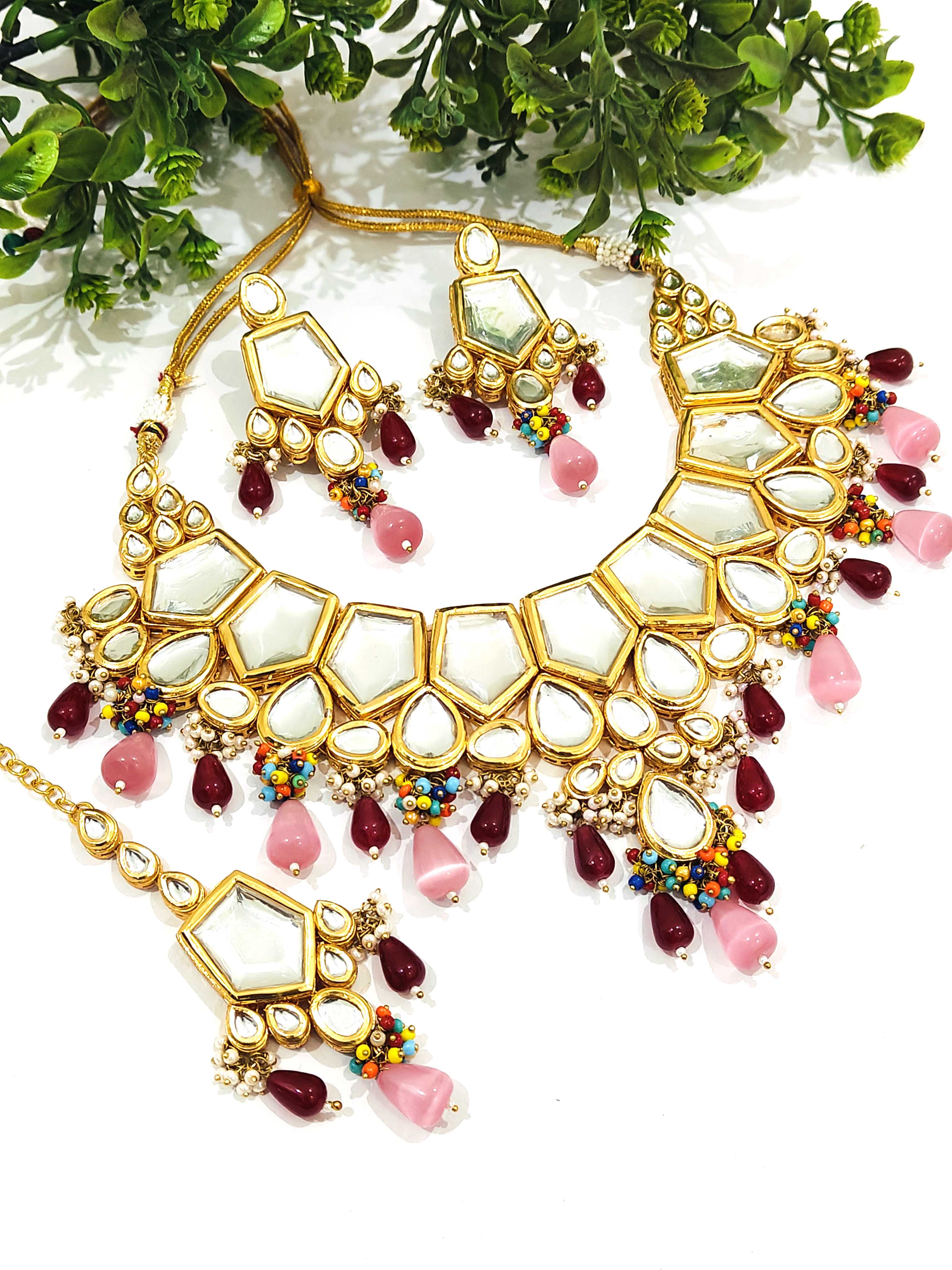 Gold Plated Pink & Red Kundan and Monalisa Necklac