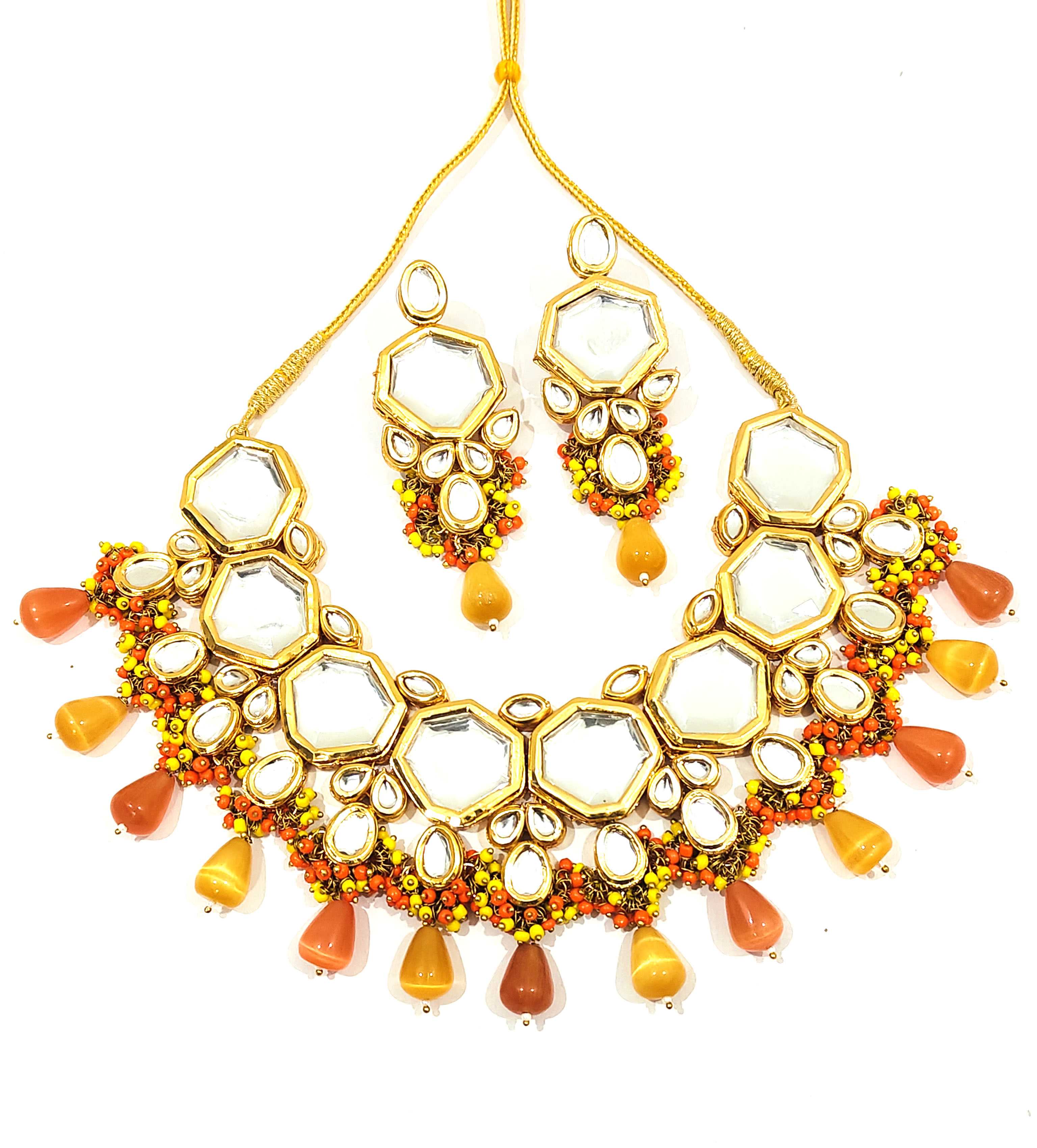 Orange-Yellow Kundan Necklace Set