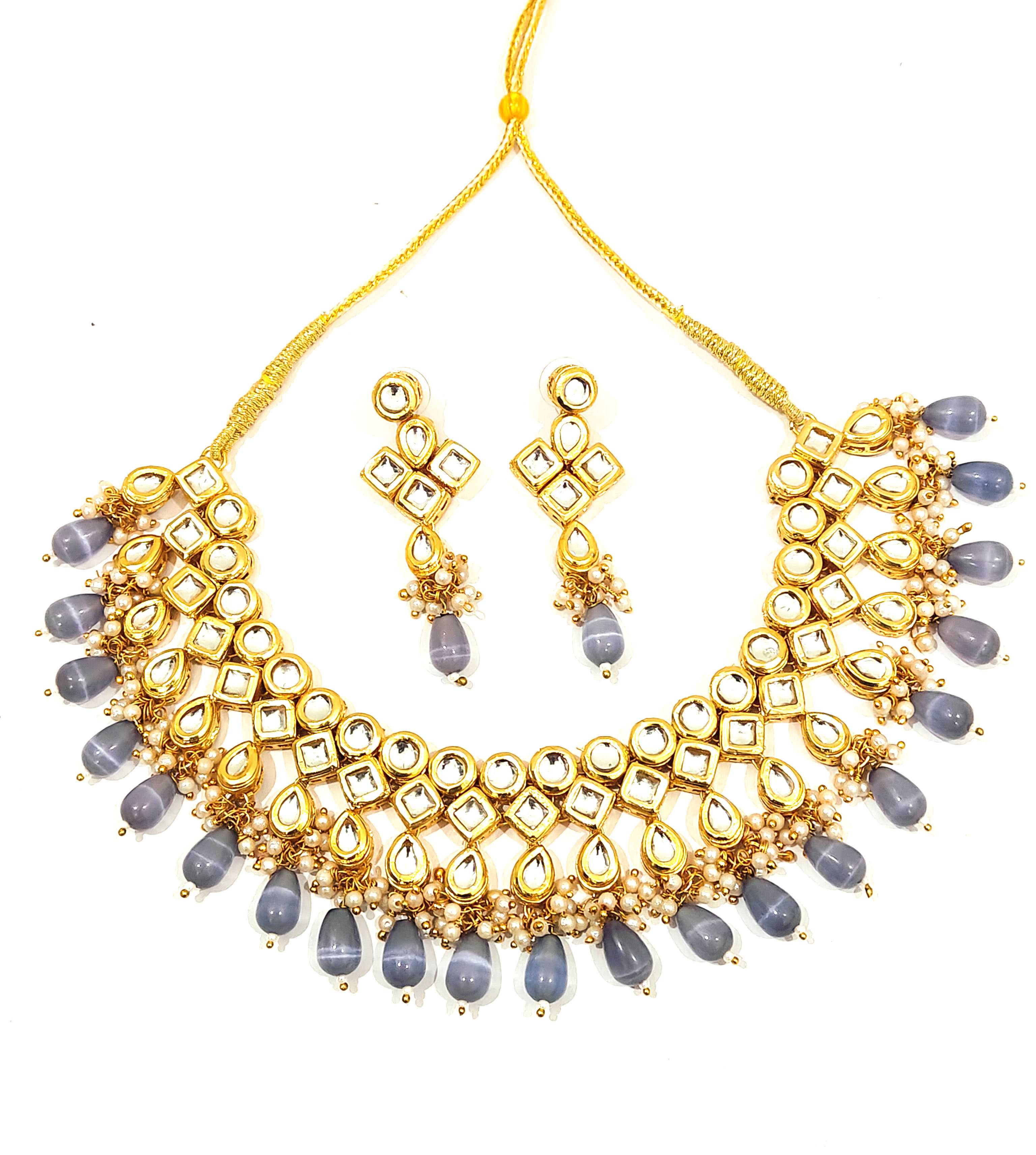 Gold-Plated Black Grey Kundan Studded Jeweller