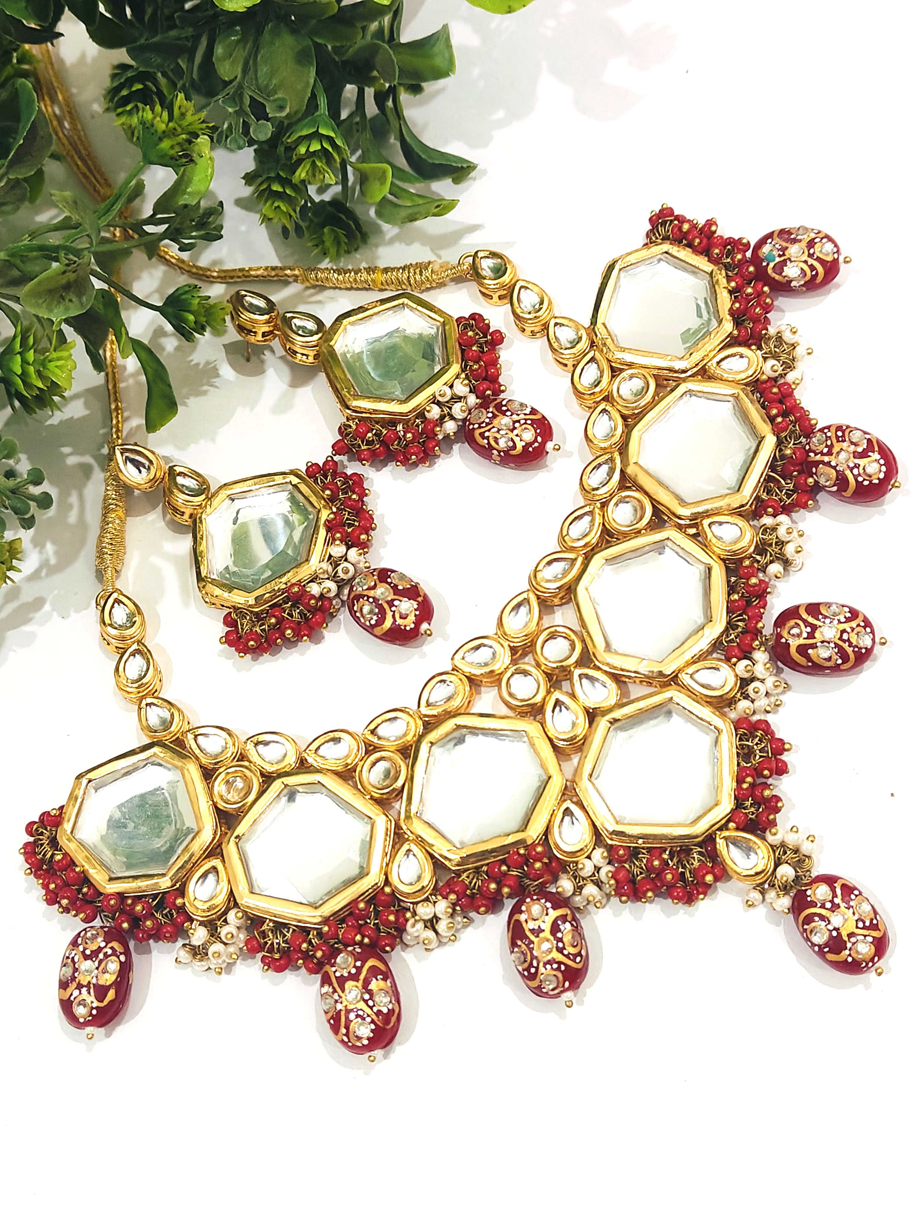 Gold-Plated Red Pearls Kundan Studded Jewellery Se