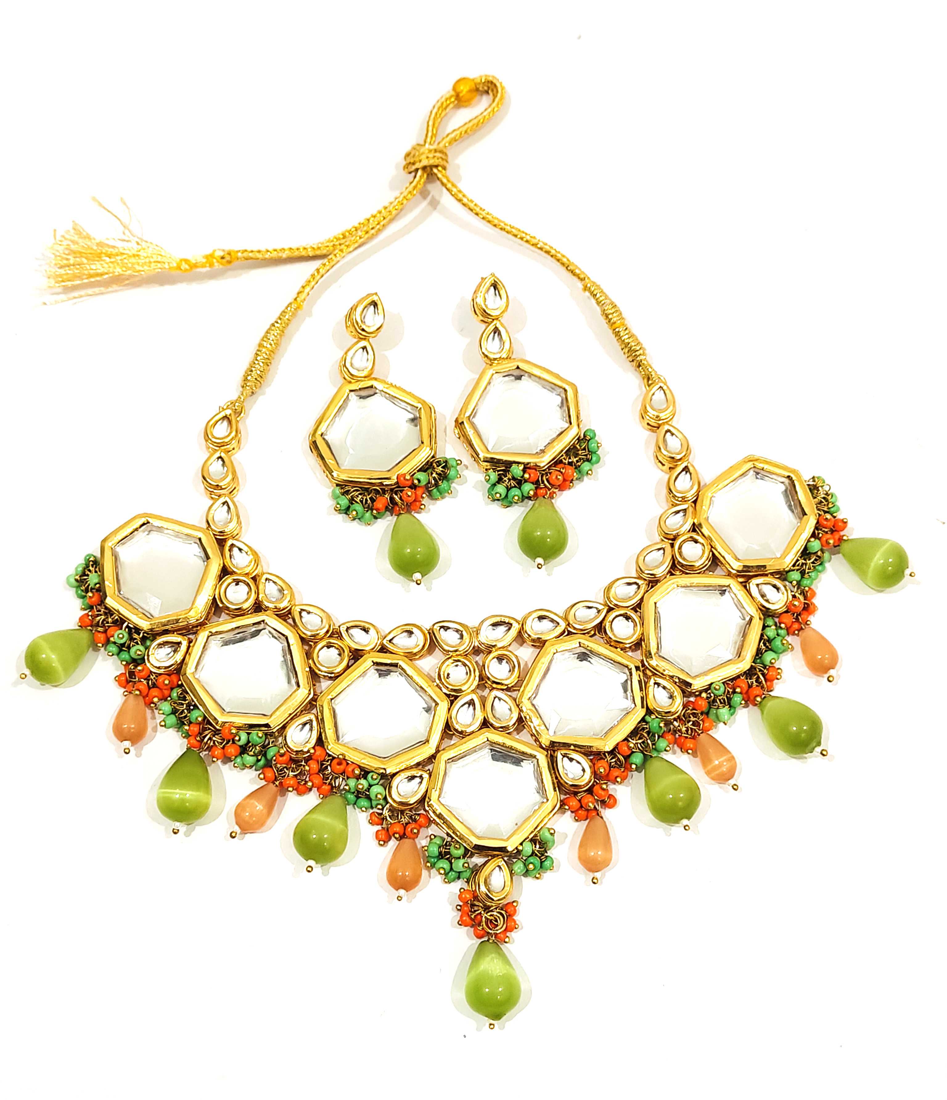 Monalisa Stone Meenakari Kundan Necklace Set - Gre